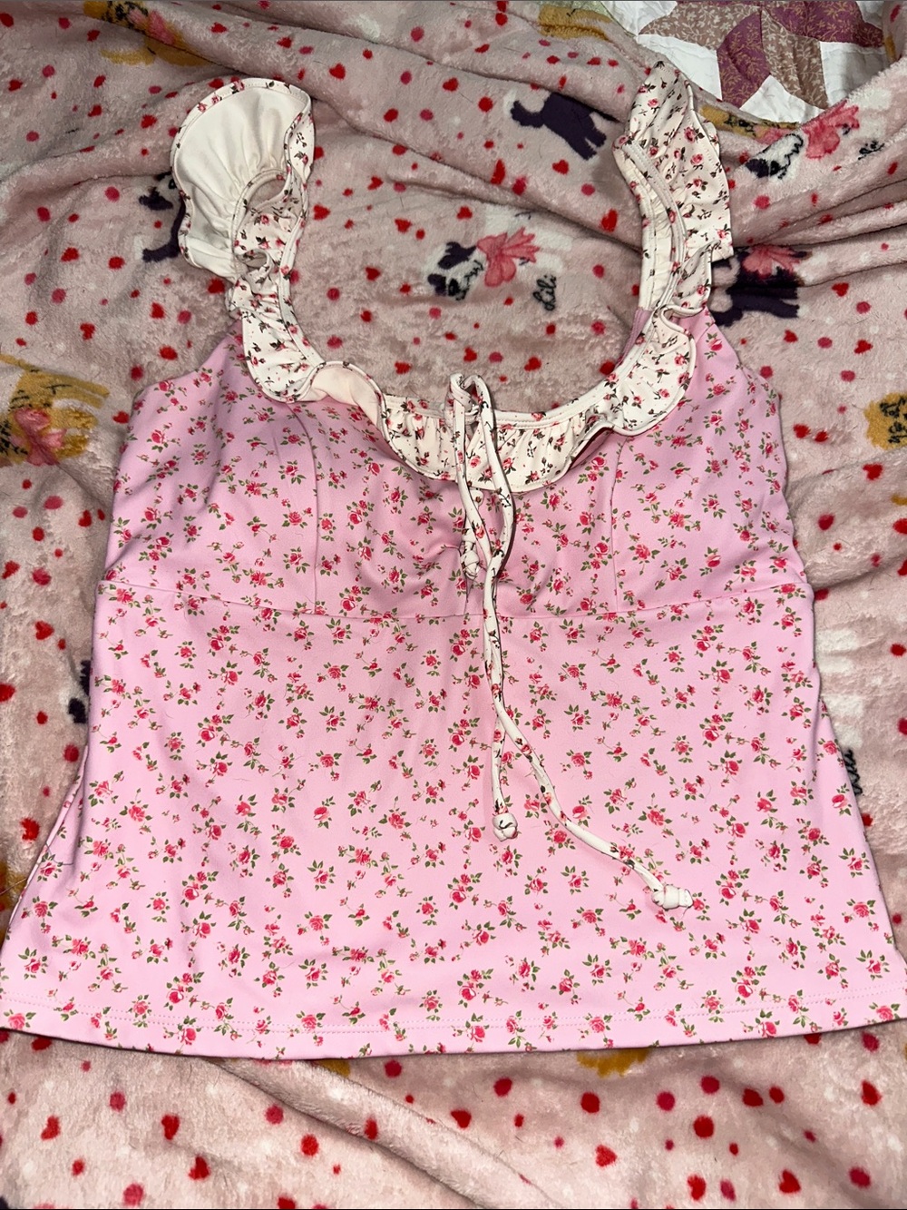 Pink Floral Ruffle-Trim Women's Tank Top
